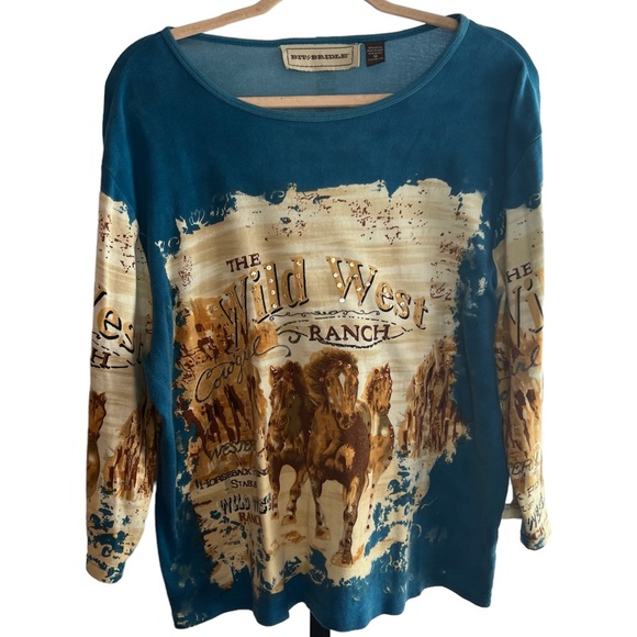 T-shirt Western Femme Bit & Bridle – Bleu, Manches Longues, Boutonné, Taille M, Occasion Très Bon état (bouton Manquant)